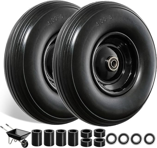 13 Inch Solid Tire Wheel - Replacement 4.00-6" Flat Free Heavy Duty Wheel with 5/8", 3/4" Bearings, 1.75" Center Hub - Fits Garden Cart, Wheelbarrow, Dolly, Hand Truck, Trailer, Utility Wagon, 2 Pcs