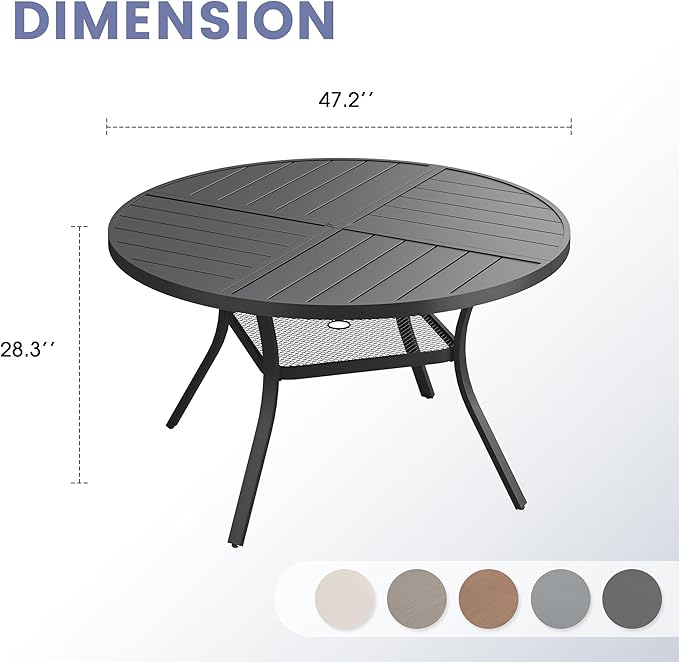 VICLLAX Outdoor Patio Round Dining Table, 47.2"x 47.2" Spliced Metal Tabletop with Storage Shelf for Deck Lawn Garden Backyard, Black