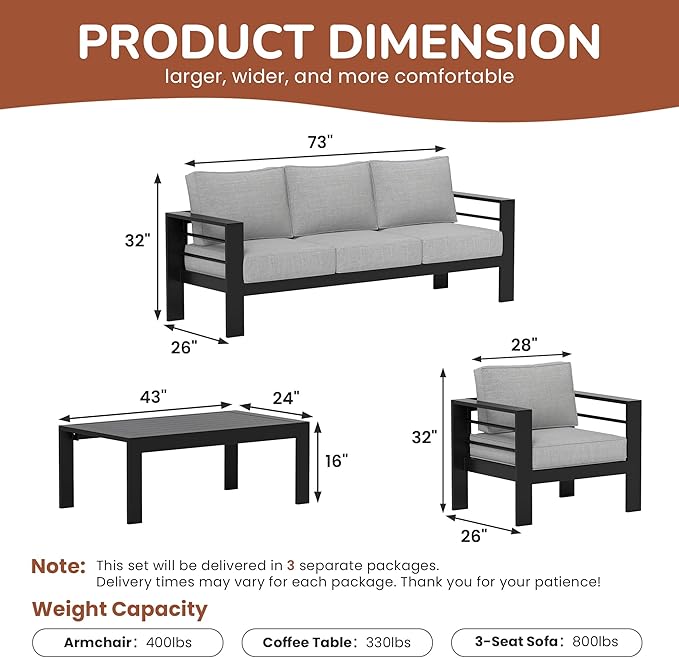 Solaste Aluminum Patio Furniture Set, 5 Seats Modern Outdoor Conversation Set Sectional Sofa with Upgrade Cushion and Coffee Table,Black Frame and Grey Cushion