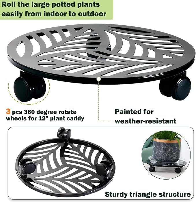 4 Packs Large Metal Plant Caddy with 3 PU Wheels 12" Heavy-duty Wrought Iron Rolling Plant Stands Indoor Outdoor Wheeled Plant Dolly Planter Mover Rollers Plant Trolley Cart, Plant Saucers Included