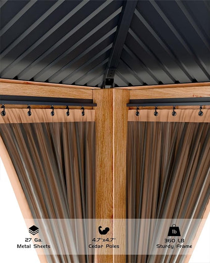 GAOMON Hardtop Spruce Wood Gazebo 12'x12', with Double Roof of Metal Sheets, 4.7'' Heavy Duty Poles, Net, and Curtain, Permanent Building for Patio, Deck, Backyard, Lawn, and Garden, Khaki