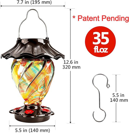 LUJII Solar Powered Color Changing Hummingbird Feeder for Outdoors Hanging, Hand Blown Glass, 35 fl.oz, Leakproof, Illuminated Lantern for Garden Decor, Gift for Bird Lover, 5 Metal Perches, Ribbon