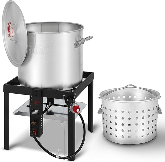 60 QT Aluminum Seafood Boil Pot with Basket and Burner, 100,000 BTU Propane Boiler with 10 PSI Regulator, Outdoor Fryer Kit for Seafood Boiling, CSA Certified