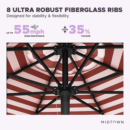Midtown Umbrellas Push and Pop 10 Feet Outdoor Umbrella, Red/White Stripes Polyester Fabric - Fiberglass Ribs Deck Patio Umbrella, Backyard Umbrella, Garden Umbrella & Pool Umbrella - Black Pole