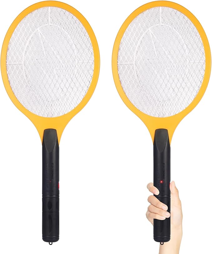 Electric Fly Swatter Handheld Bug Zapper - Indoor Outdoor 20in Zapping Racket for Pest Mosquito & Flies - Battery Powered Safe to Touch with 3-Layer Safety Mesh, Large Size, Pack of 2