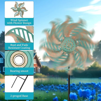 2 Pack Wind Spinner Outdoor Metal Vintage Green,Garden Pinwheels Waterproof Wind Sculptures, Small Windmills for Yard Lawn Outdoor Patio Lawn Garden Decor