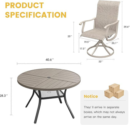 VICLLAX 5 Pieces Patio Dining Set for 4, Outdoor Furniture Set Includes 40.6" Square Outdoor Table and 4 Patio Swivel Chairs for Lawn Garden, Sandshell Tabletop and Fabric