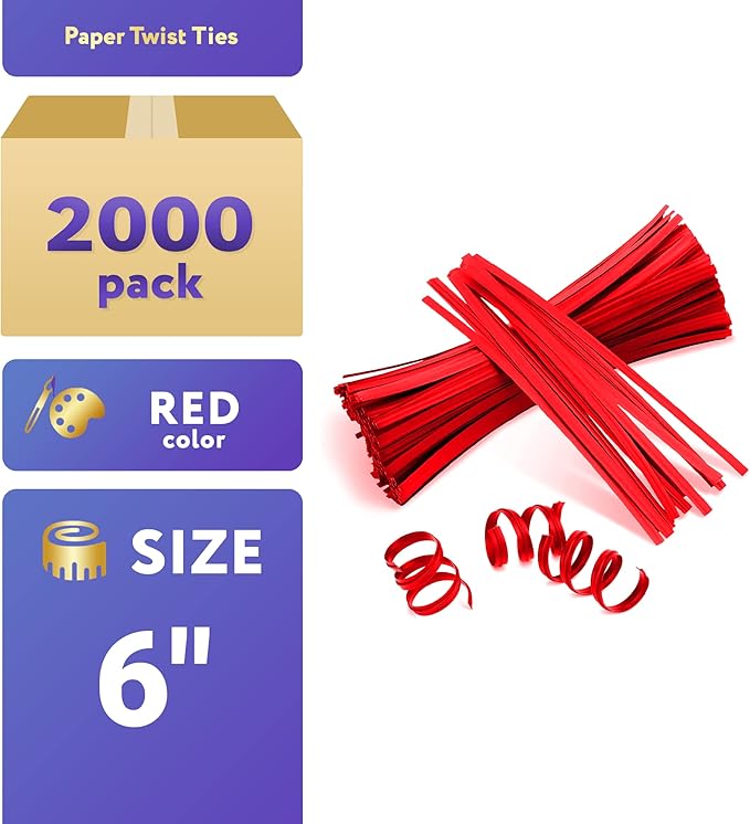 APQ Red Metallic Twist Ties for Bags, 6 inches. 2000 Pack Plastic-Coated Bread Twist Ties for Treat Bags. Reusable Bread Ties. Light Metallic Twist Tie. Heavy-Duty Twisty Ties for Bags
