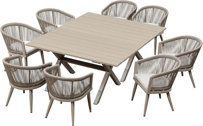 PURPLE LEAF Outdoor Dining Set for 8 All-Weather 10 Pieces Patio Aluminium Dining Oversized Table and Rope Weave Chairs Included Cushions for Backyard Indoor Kitchen Patio Furniture Set Champagne