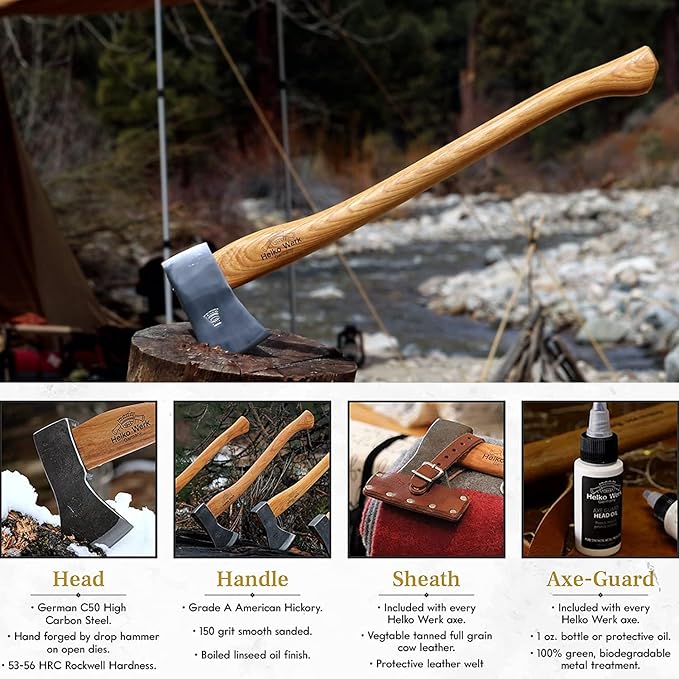 1844 Helko Werk Germany Classic Scout Axe - Made in Germany Felling Axe, Cutting Axe, Camping Axe, for felling trees, cutting wood, splitting camp firewood - Head 2.5 lbs, Handle 28 in. (Scout) #10492