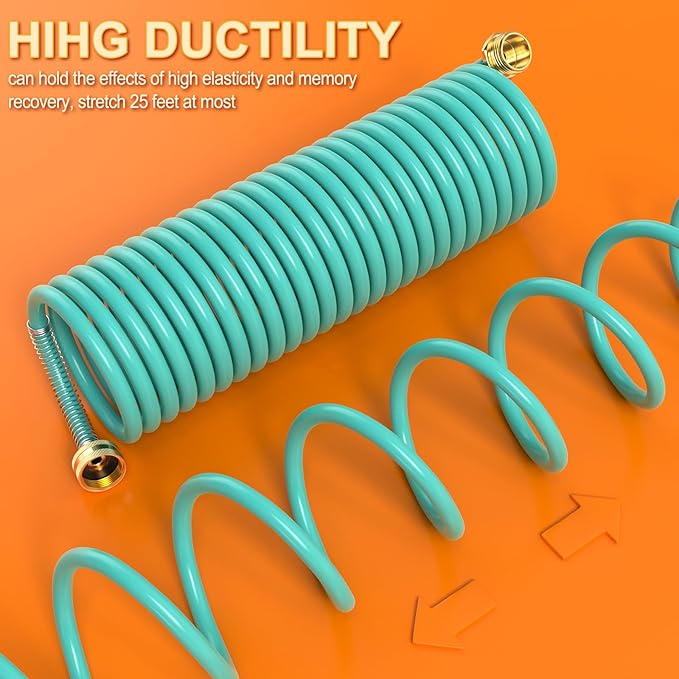 GASHER 25FT PU Recoil Garden Water Hose with 3/4"Inch Brass Fittings Retractable, Swivel Female for Boating, Pool & Spa, RV, Home and Garden（Blue)