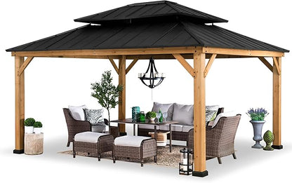 SUNJOY 13 x 15 ft. Wood Gazebo Cedar Framed Gazebos with Black Double Steel Hardtop Roof for Garden,Backyard Shade, Matte Black Roof + Natural Wood Frame