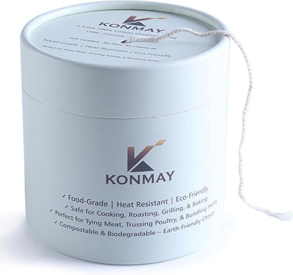 KONMAY 1.5mm Butcher 's Twine – 490ft 100% Cotton Cooking String, Baker Twine for Trussing, Roasting, Grilling, Tying Meat, Herbs & Sausages,Packed in a Paper Box with Feeding Hole