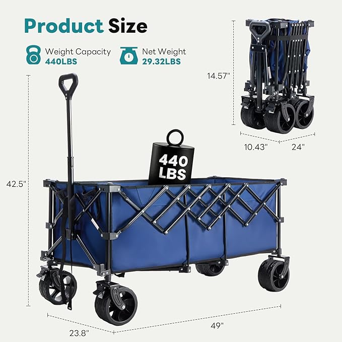 OLIXIS Collapsible Wagon Cart - 440lbs Foldable Extra Long Heavy Duty Utility Wagon with Wheels, Portable Storage Grocery Cart for Camping, Shopping, Sports, Beach, Garden (Blue, 48" L)