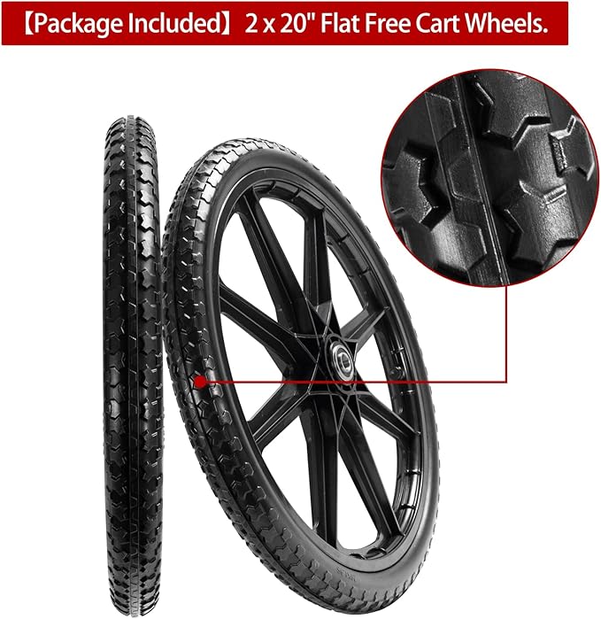 (2 PACK) 20" Flat Free Cart Wheels Compatible with rubbermaid Wheelbarrow Wheels,20x2" Flat Free Tires for Lawn Mower, Garden Cart- 3/4" Bearing,Hub Length 2.5", Black
