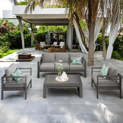 Solaste Aluminum Patio Furniture Set, 5 Seats Modern Outdoor Conversation Set Sectional Sofa with Upgrade Cushion and Coffee Table,Grey