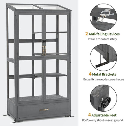 Macrout Cold Frame Greenhouse, Tall Wooden Greenhouse for Outdoor Indoor Use with Polycarbonate Panels, 3 Tier Garden Cold Frame with Drawer and Shelves, 0864 (Dark Grey)