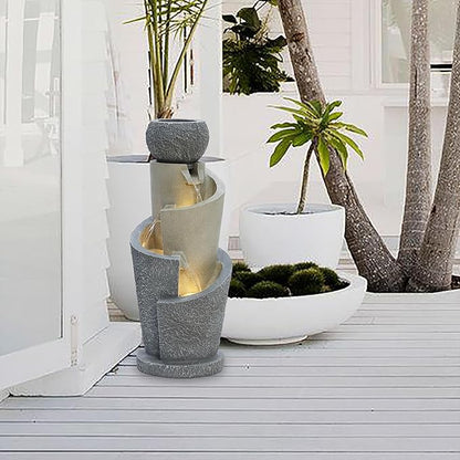LuxenHome Outdoor Water Fountain, 27 Inch Resin Cascading Water Fountains Indoor with LED Lights, Modern Garden Decor, Small Waterfall Fountain, Outdoor Fountains and Waterfalls