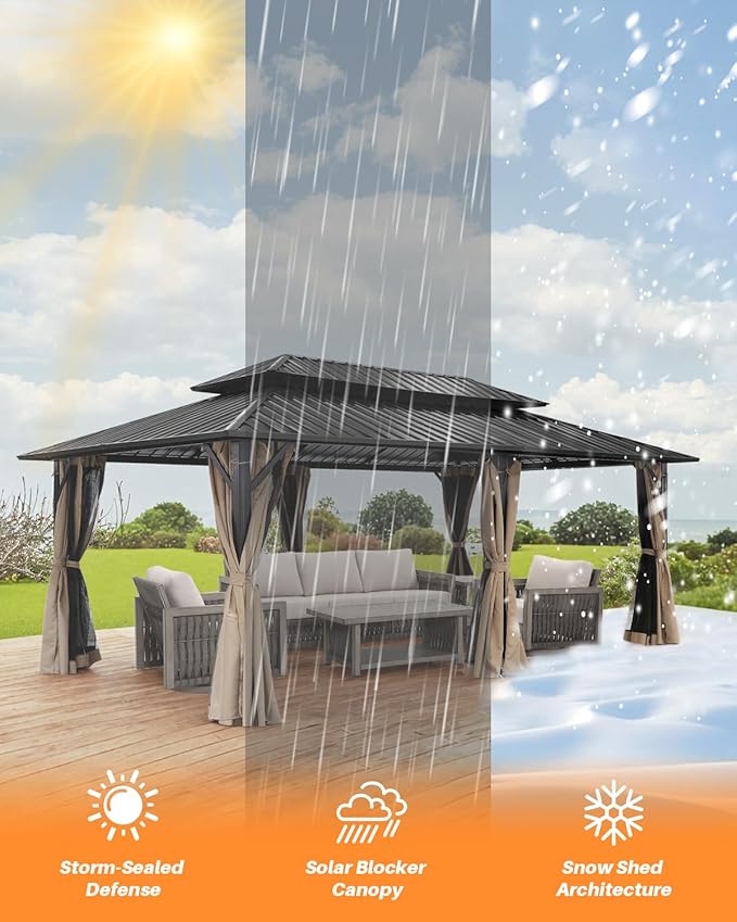 12' x 20' Hardtop Gazebo, Outdoor Patio Gazebo, Aluminum Frame Patio Hardtop Gazebos with Netting and Curtain, Outdoor Patio Pergola with Double Steel Roofs for Deck, Lawns, Parties, Sandstone