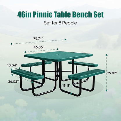 8-Person Picnic Tables for Outdoors, Industrial 46" Expanded Metal Square Picnic Table with 4 Benches & Umbrella Hole, Outside Table and Bench Set for Garden, Backyard, Porch, Patio, Green
