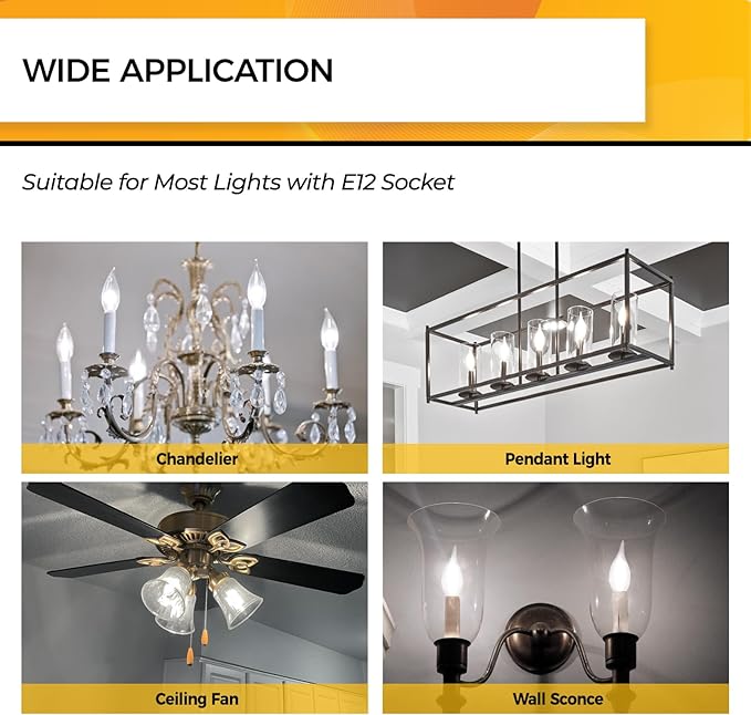 Hizashi E12 Candelabra Bulb 60 watt 5000K Daylight White, Dimmable E12 LED Bulb, 90+ CRI 6W 550LM, CA11 Flame Tip LED Chandelier Light Bulbs Candelabra Base, UL Listed - 12 Pack