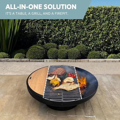 DENKOE 32 Inch Round Fire Pit Table with Fire Pit Grill, Extra Thick, Heavy Duty Fire Bowl, Deep Outdoor Firepit, Wood Burning Firepits for Outside Patio, Backyard Fire Pits, Large BBQ Pit
