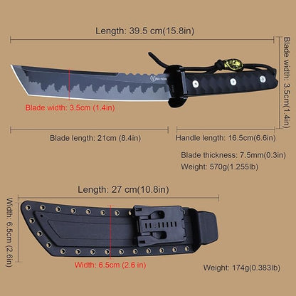 BA-KOR 15.8in Full Tang Japanese Style Outdoor Knife –8mm DC53 Steel, Nylon Fiber Handle &Sheath, Hunting Survival Knife+(5.9in) cerium igniter (Black handle and black blade (8mm))