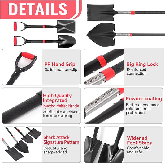 SHARK ATTACK 4-Piece Steel Shovel Set with D-Grip Handles - Multi-Size Garden Shovels with Powder Coating for Digging, Planting & Car Emergency