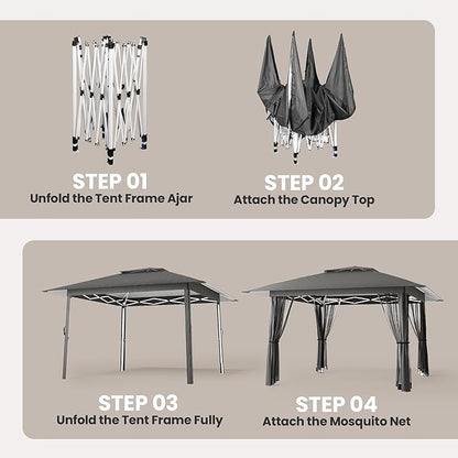 Bealife 13x13 Pop Up Gazebo Tent with Mosquito Netting, Outoor Canopy Tent with 4 Sandbags, 8 Stakes, 4 Ropes, Roller Bag, Pop Up Canopy for Lawn Backyard Garden Deck (Grey, 13x13)