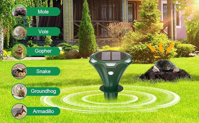 Mole Repellent Solar Powered Ultrasonic Solar Mole Deterrent Stakes for Lawn, Gophers Groundhog Snake Voles Rat Repellent for Yard Outdoor, Auto LED Lights at Night (Pack of 4)