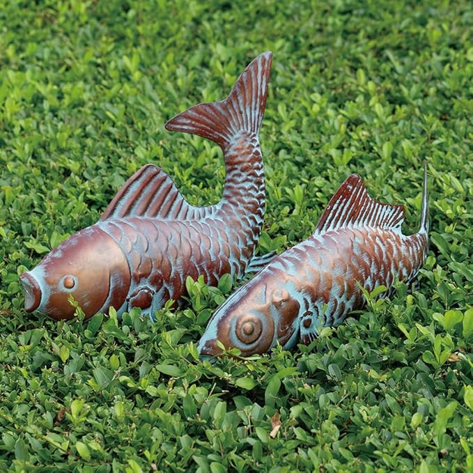 Metal Koi Fish Sculptures, Outdoor Garden Sculptures & Statues, Antique Copper Koi Pond Decor, Set of 2 Koi Fish Figurines Artwork, Garden Statue for Indoor Outdoor Patio Backyard Home Kitchen