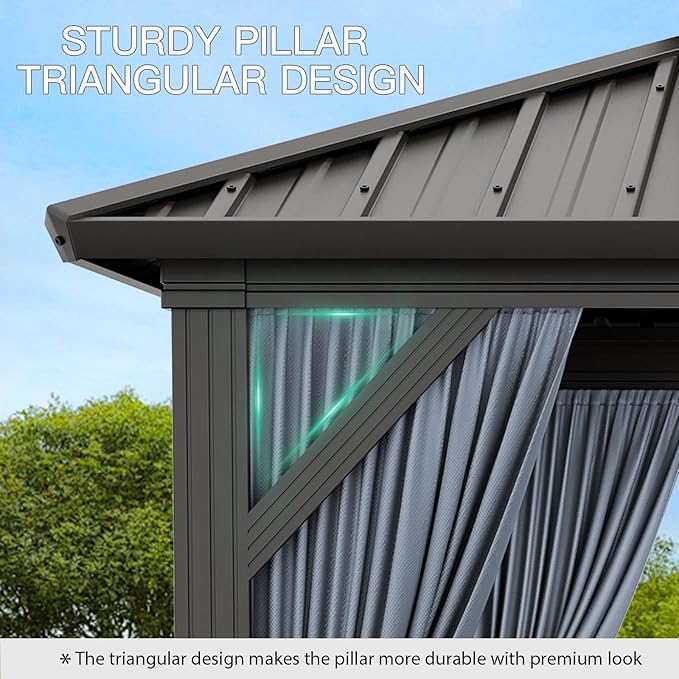 14'x12' Hardtop Gazebo, Heavy Duty Aluminum Permanent Hardtop Gazebo Outdoor Pavilion with Curtains and Netting for Garden (Gray, 14'x12')