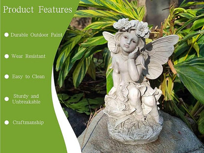 MeritMode 12.8" Fairy Garden Outdoor Guardian Angel Statue - Waterproof Resin with Flower Base, Unique for Patio, Balcony & Yard Decor