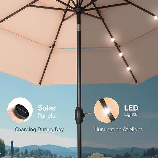 PHI VILLA 10ft Patio Umbrella with Solar Lights, Outdoor 3 Tier Vented Large Market Table Umbrella with 8 Sturdy Ribs and 1.5" Umbrellla Pole for Lawn Poolside Garden Terrace, Beige