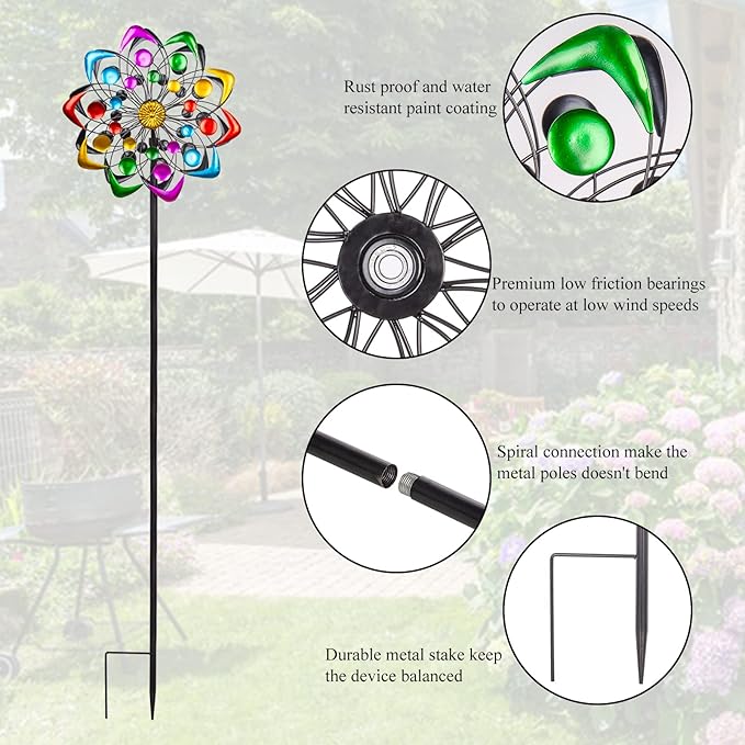 Viveta Kinetic Wind Spinner, 59 inch Outdoor Metal Windmills for Yard Garden, Double Wind Sculpture with Stable Stake, Multi-Color