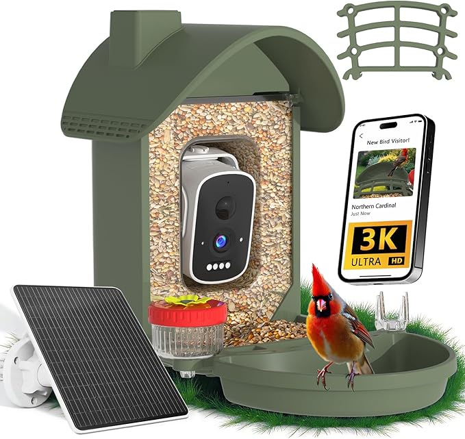 Bird Feeder with Camera, 2-in-1 Bird Bath and Perch, 3K Live View, Squirrel-Proof Cable, 2.4G WiFi, AI Detection, Instant Arrival Alerts, Backyard Birdwatching Gift for Birdlovers