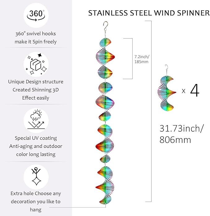 Rainbow Wave Wind Spinners Outdoor Hanging Garden Decor,Bird Deterrents for Outside,Sparkly Reflective Wind Spinner,Stainless Steel Bird Scare Devices-Scare Birds Away from Yard Patio Farm
