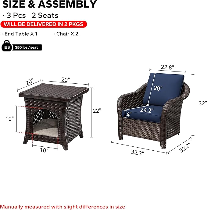 Patio PE Rattan Chairs Set of 2 with Cat Nest End Table, All-Weather & Steel Frame Outdoor Conversation Furniture Set with Washable Cushions for Garden, Bistro, Deck, Yard (Navy Blue)