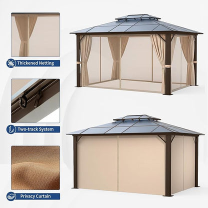 12'x16' Hardtop Gazebo, Outdoor Polycarbonate Double Roof Canopy, Aluminum Frame Permanent Pavilion with Curtains and Netting, Sunshade for Garden, Patio, Lawns