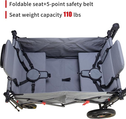 Collapsible Foldable Wagon Cart with All Terrain Wheels &Canopy& 2 Seats- Heavy Duty Utility Wagon 265 lbs Capacity for Camping, Garden, Shopping (Grey)