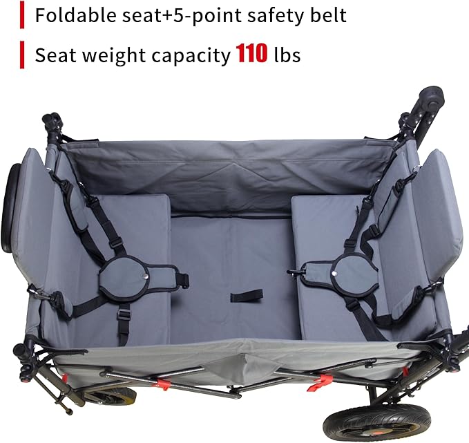 TMZ Collapsible Foldable Wagon Cart with Quick-Release Wheels and 2 Seats, Heavy Duty Wagon 265LBS Load Capacity for Camping Garden Shopping (Grey)