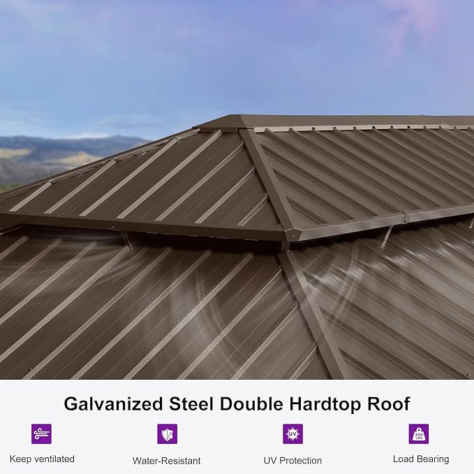 PURPLE LEAF 12' X 26' Outdoor Hardtop Gazebo Patio Wide Aluminum Frame Galvanized Steel Double Roof with Heavy Duty Netting and Curtains for Permanent Hard Top Pavilion Screen Khaki
