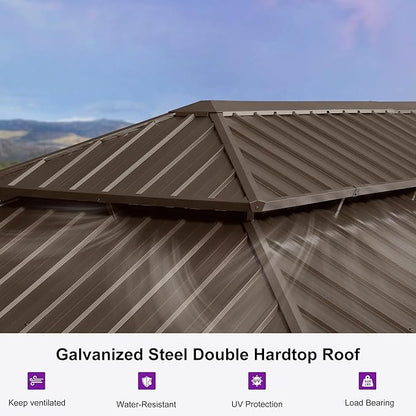 PURPLE LEAF 12' X 26' Outdoor Hardtop Gazebo Patio Wide Aluminum Frame Galvanized Steel Double Roof with Heavy Duty Netting and Curtains for Permanent Hard Top Pavilion Screen Khaki