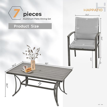 HAPPATIO 7-Piece Outdoor Dining Set - All Aluminum Patio Table and Chairs Set for 6 Includes 1 Rectangular Dining Table and 6 Dining Chairs with Cushions, Patio Dining Set for Lawn, Garden, Backyard