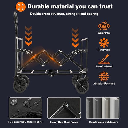 Collapsible Wagon Cart Foldable with 350lbs Weight Capacity, Lightweight Utility Shopping Cart with Wheels, Folding Grocery Wagon Carts Portable for Beach Garden Sports and Camping, Black