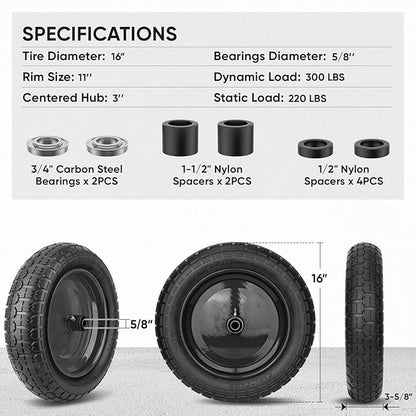 TICONN 4.80/4.00-8 Tire, 16" Flat Free Wheelbarrow Tire and Wheel, Solid Replacement Tires with 3" Centered Hub, 5/8" 3/4" Bearings, Universal Fit 4.80/4.00-8, 3.50/3.00-8, 4.00-6 (Black)