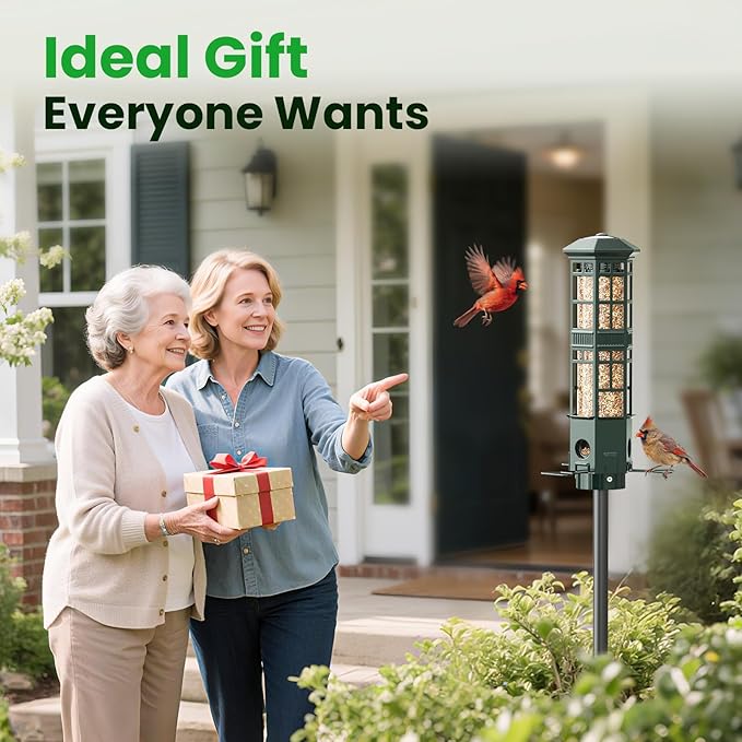 Squirrel Proof Bird Feeder for Outdoors - 3 Port Hanging Metal Bird Feeder with Gravity Spring, 3LB Large Capacity, Chew-Proof & Weather Resistant, Attract Wild Birds, Green