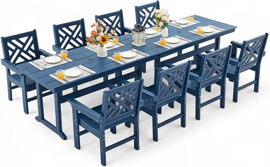 10 Piece HDPE Outdoor Dining Set for 8, Patio HDPE Furniture Set with 2 Table and Umbrella Hole, Outdoor Table and Chairs for Garden, Poolside, Backyard, Deck