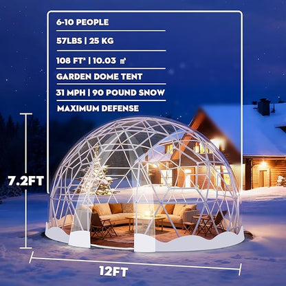 12FT Garden Dome Tent, Geodesic Dome Greenhouse with PVC Clear Cover, Waterproof Garden Bubble Dome Tent House with 2 x 10M Light Strings for Outdoor, Patio, Backyard, Party (White Edge, 12.5FT/3.8M)