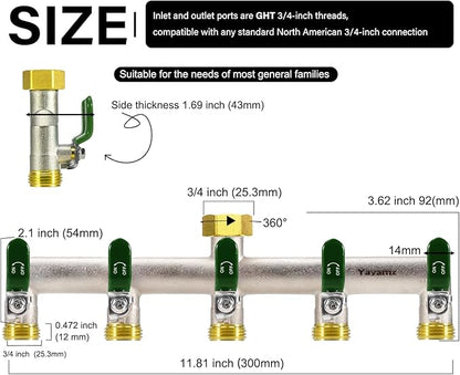 5 Way Garden Hose Splitter, Heavy Duty Brass Nickel Plated Rust Resistant Faucet Manifold, 3/4" Frost Resistant Outdoor Hose Adapter Connector，Hose Spigot Adapter with 5 large Green handles